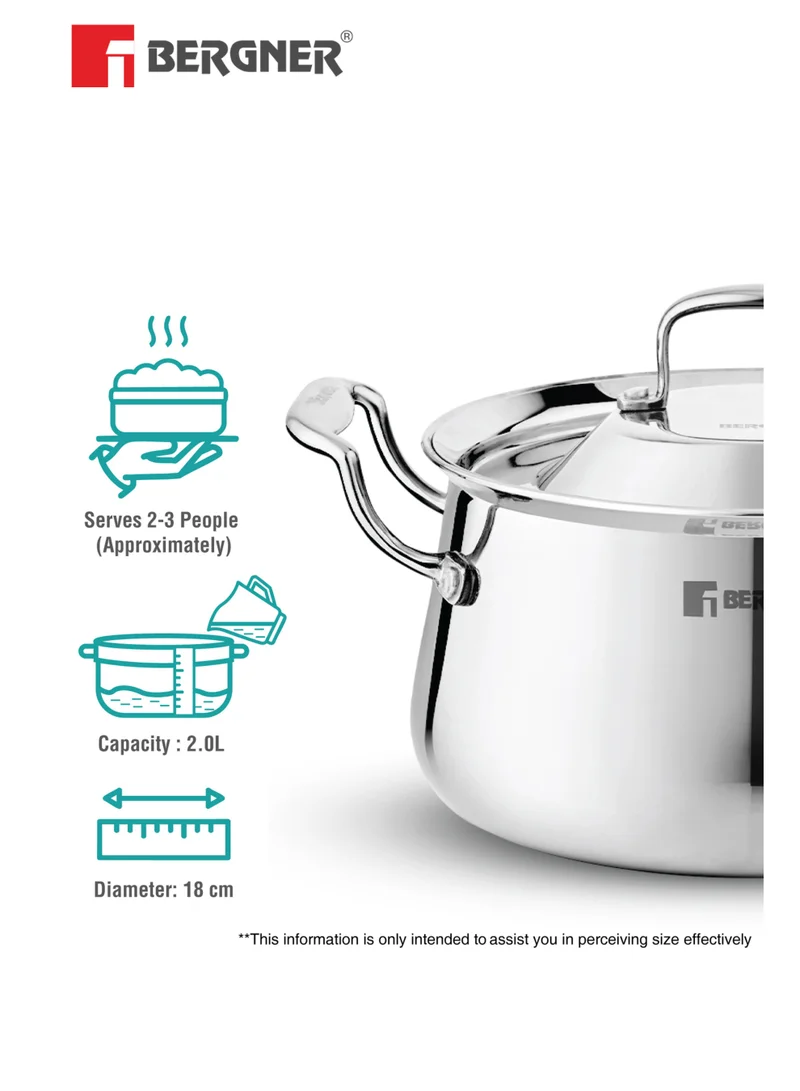 بيرجنر Bergner Argent Samsara 18cm (2L) Tri-Ply Stainless Steel Deep Cooking Pot, Cook &  Serve Handi for Biryani, Rice, Curries, Pulao, Consumes Less Oil, Healthy Cooking, Induction & Gas Stove Compatible
